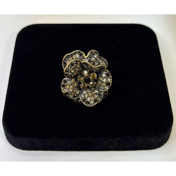 Joan Rivers Gold Tone Black Clear Crystal Flower Cocktail Ring Vintage Size 5.75 - Picture 1 of 14